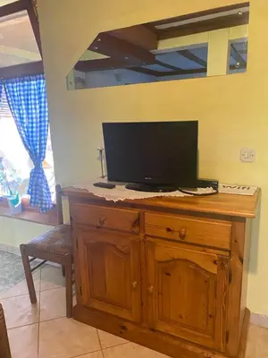 a television on a wooden stand in a room with a window at Farma 2 in Cazin