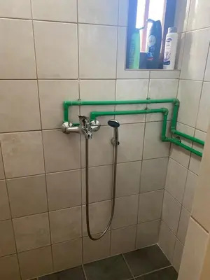 a shower in a bathroom with a hose on a wall at Farma 2 in Cazin