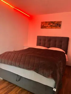 a bedroom with a bed in a red room at Apartman MIA in Travnik
