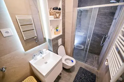 a bathroom with a toilet and a sink and a shower at Apartman City Charm in Banja Luka