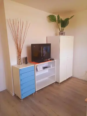 a living room with a tv and a white refrigerator at Ena Apartment in Tuzla