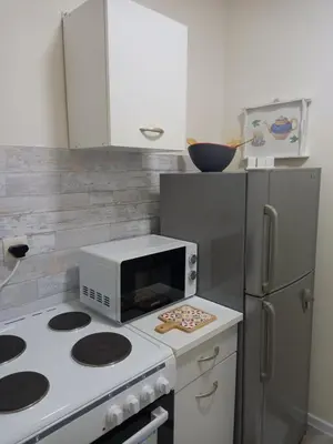 a kitchen with a microwave and a refrigerator at Ena Apartment in Tuzla