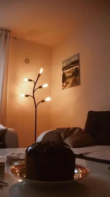 a chocolate cake on a table in a living room at Apartman Miškec in Kupres