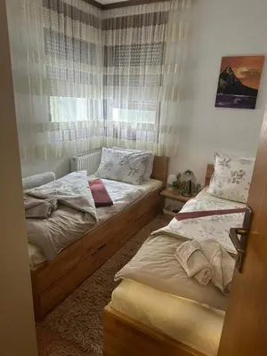two twin beds in a bedroom with a window at Apartman Royal Vlašić in Vlasic
