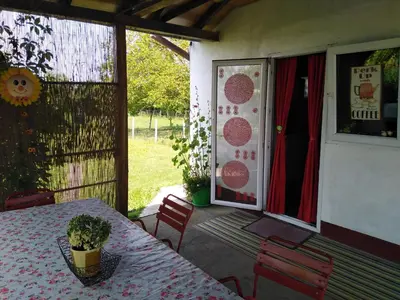 a patio with a table and chairs and a window at Blossom Cottage - ''Green Tourism'' in Laktaši