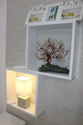 a bonsai tree in a display case with a lamp at Apartmani Porodica Karalić Vlašić in Vlasic