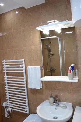 a bathroom with a sink and a shower with a mirror at Apartmani Porodica Karalić Vlašić in Vlasic