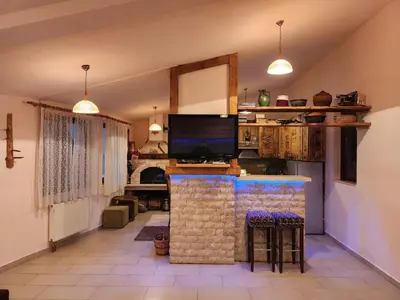a living room with a fireplace and a tv at Winter apartman Vlasic in Šišava