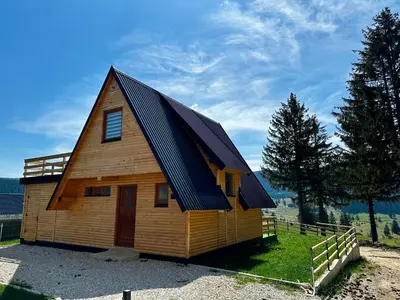 a small wooden house with a black roof at Vlasic Odmor - Villa Krajina IV & jacuzzi in Vlasic