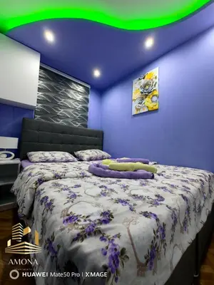 a bedroom with a large bed with purple walls at Apartmani AMONA STAN NA DAN in Doboj