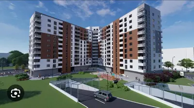 a rendering of two tall buildings with a car in front at Apartman 52 in Doboj
