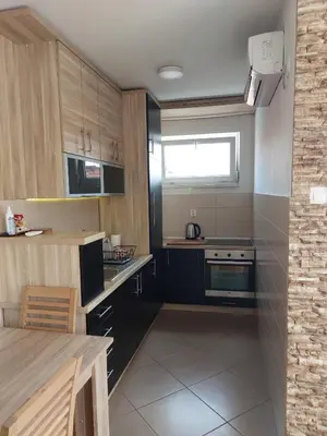 a small kitchen with a sink and a stove at Mila apartman in Banja Luka