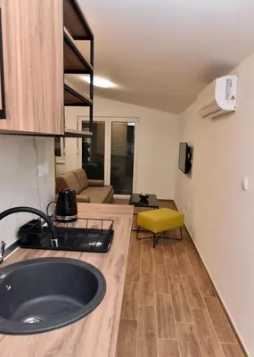 a kitchen with a sink and a living room at Apartmani TIS in Banja Luka