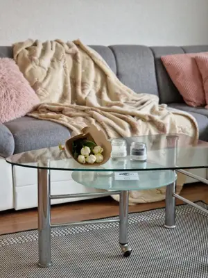 a glass coffee table in a living room with a couch at Apartments Gradiska in Bosanska Gradiška