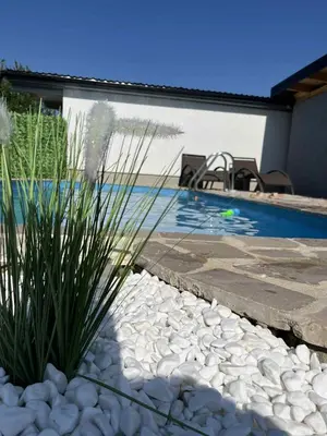 a backyard with a swimming pool with rocks and a plant at Apartment Lane in Bihać