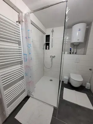 a bathroom with a shower and a toilet at Apartman Studenac in Kiseljak