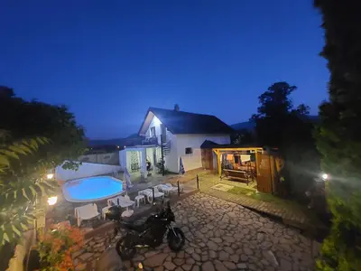 an aerial view of a house with a swimming pool at La Mia Casa in Bihać