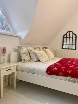a bedroom with a bed with a red blanket at Farmhouse Dzeni in Vlasic