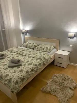 a bedroom with two beds and a rug at Infinity in Banja Luka