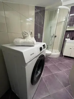a washing machine in a bathroom with a toilet at Apartman MN Teslic in Teslić