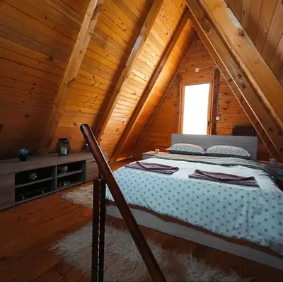 a bedroom with a bed in a wooden cabin at Vikendica Mimiena in Račić
