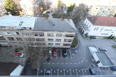 an aerial view of a city street with buildings at Downtown apartment in Banja Luka
