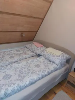 a bed with two pillows on top of it at Vikendica Grganović in Vlasic