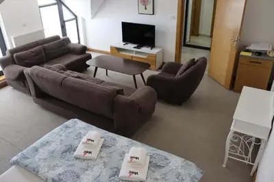 a living room with a couch and chairs and a television at Apartmani Vlašić-Petrol in Travnik
