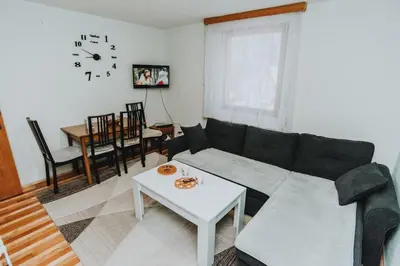 a living room with a black couch and a table at Apartments Kiki Vlašić in Vlasic