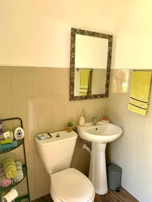 a bathroom with a toilet and a sink and a mirror at Apartmani Lara&Sara in Bihać
