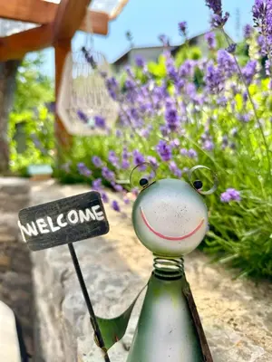 a garden with purple flowers and a sign that says welcome at Apartmani Lara&Sara in Bihać