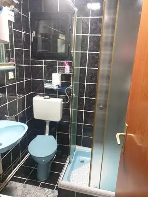 a small bathroom with a toilet and a shower at Apartman SI in Banja Luka