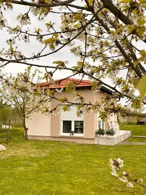 a small white house with a green yard at Apartmani Subotic in Bosanska Gradiška