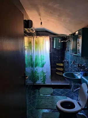 a bathroom with a shower and a toilet and a sink at Apartman Stari Travnik in Travnik