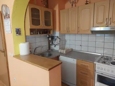a small kitchen with wooden cabinets and a sink at Apratmani Ivić in Kupres