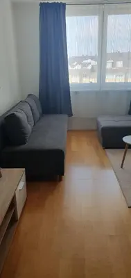 a living room with a couch and two large windows at Studio Apartman Maša Kupres in Kupres