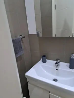 a bathroom with a white sink and a mirror at HELA Lux apartment in Modriča