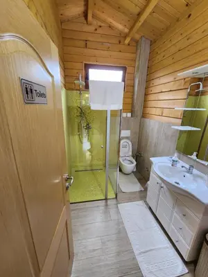 a bathroom with a shower and a sink and a toilet at River Homes Bihac in Bihać