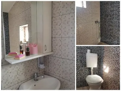 a bathroom with a sink and a toilet and a mirror at Jelly Apartment in Visoko