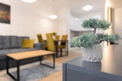 a vase with plants on a table in a living room at Drobac apartment in Banja Luka