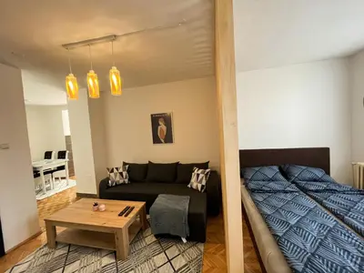a living room with a couch and a table at Apartman MS in Bosanska Dubica