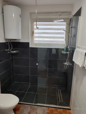 a bathroom with a shower with a toilet and a window at Apartman MS in Bosanska Dubica