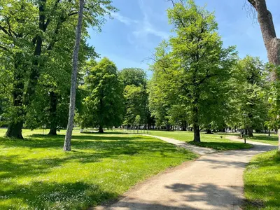a path in a park with trees and grass at Park & Play in Banja Luka