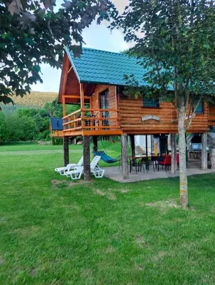a large wooden cabin with a playground in a field at Hacienda Burzić in Kulen Vakuf