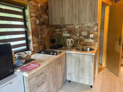 a kitchen with a sink and a counter top at Hacienda Burzić in Kulen Vakuf