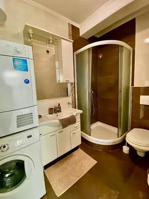 a bathroom with a sink and a washing machine at Skylight studio Banja Luka in Banja Luka