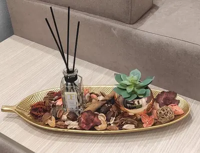 a plate of shells and a vase with a plant at Apartman Isidora in Banja Luka
