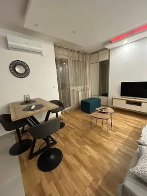 a living room with a table and chairs and a television at ApartmanM&M in Banja Luka