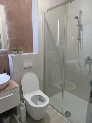 a bathroom with a toilet and a glass shower at Apartman Vista Banja Luka in Banja Luka
