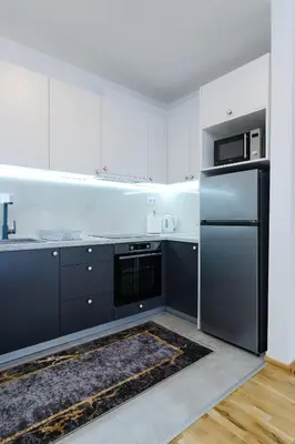 a kitchen with a black refrigerator and a microwave at Sara Apartments in Visoko